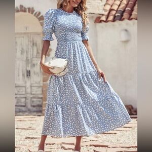 Blue Printed Tiered Maxi Dress - Women's Summer Dress